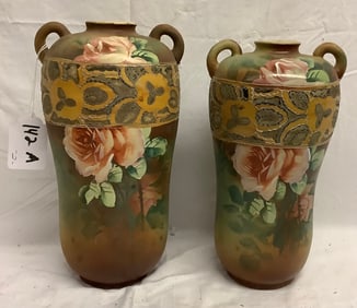 2 Hand Painted Porcelain Vases 12" and 13" - 5 lbs