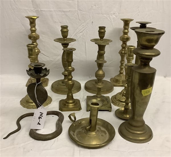 Terrific lot of 13 Brass Candlesticks 15 lbs: Terrific lot of 13 Brass Candlesticks 15 lbs