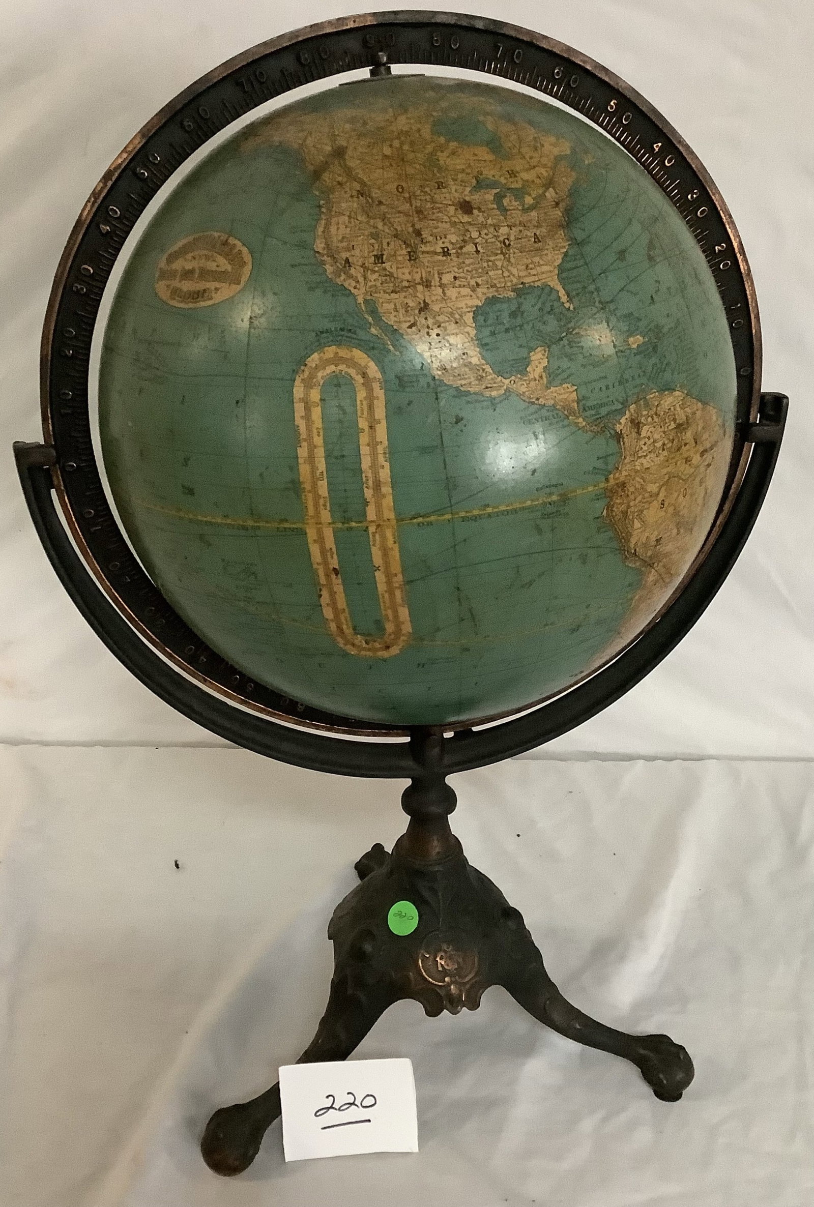Vintage Globe on Iron Stand 11" diam x 23"h: Vintage Globe on Iron Stand 11" diam x 23"h