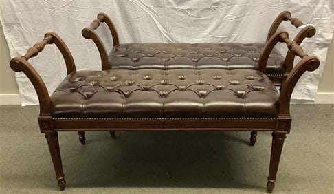 Lovely pr. of 50" Tufted Leather Mahogany Benches