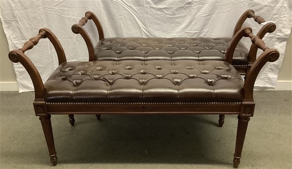 Lovely pr. of 50" Tufted Leather Mahogany Benches: Lovely pr. of 50" Tufted Leather Mahogany Benches