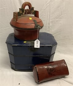 Japanese Pillow, Blue Lacquer Box, Painted Basket Box - 12"h