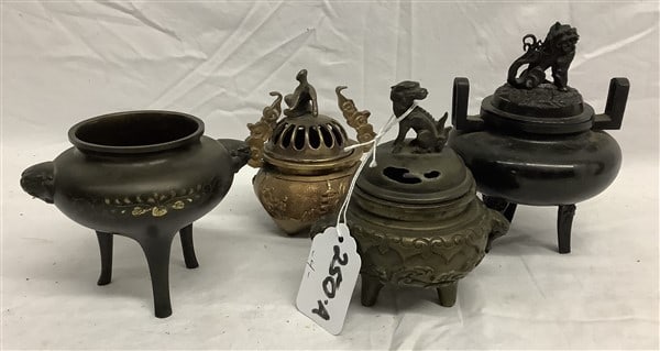 4 Bronze Lidded Pots Approx 4" - 6": 4 Bronze Lidded Pots Approx 4" - 6"