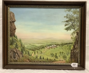 Framed o/c Pinnacle Rock 1938, E.J Lawrence 28"x 34"