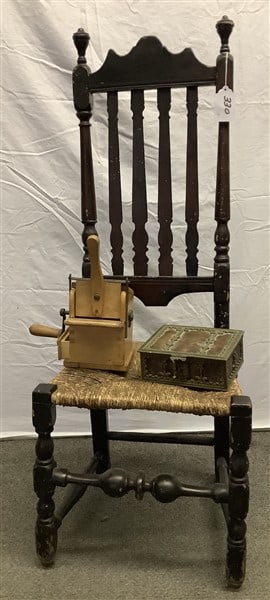 Early Barrister Back Chair, Cheese Grater and Metal Clad Box: Early Barrister Back Chair, Cheese Grater and Metal Clad Box