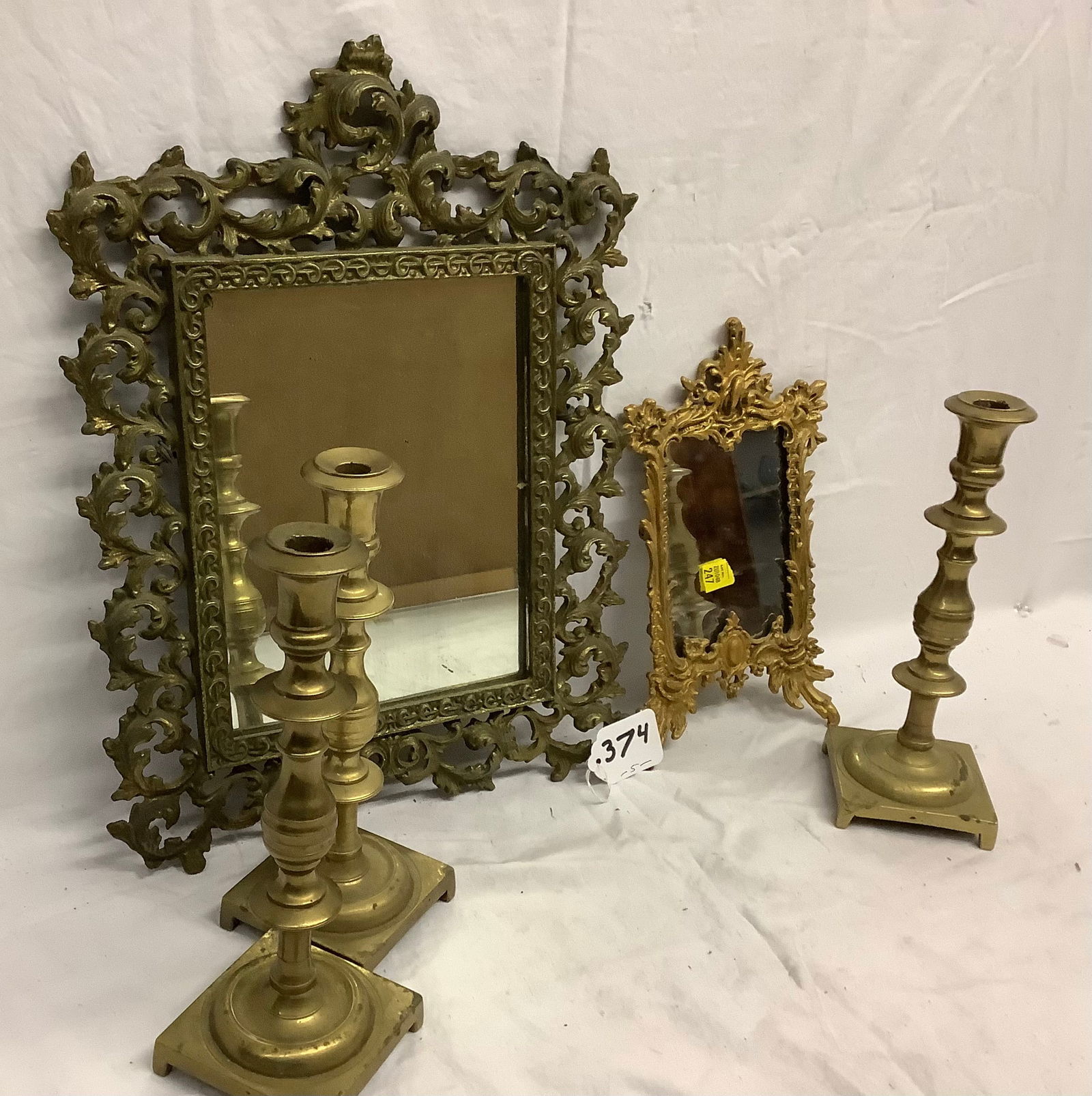 3 Heavy 10" Brass Candlesticks and 2 Metal Antique frames: 3 Heavy 10" Brass Candlesticks and 2 Metal Antique frames