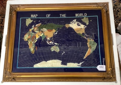 Framed World Map Inlaid with Stone and Mother of Pearl
