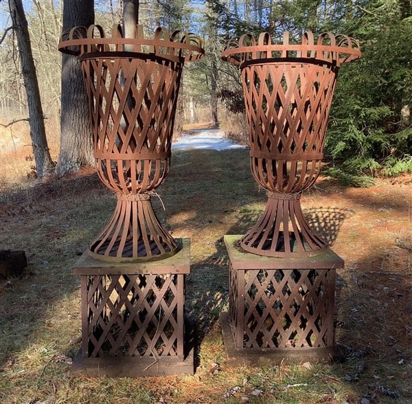 Pr of Vintage Ribbon Strap 2 Part Urns 66" Tall, 75 lbs: Pr of Vintage Ribbon Strap 2 Part Urns 66" Tall, 75 lbs