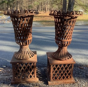 Pr of Vintage Ribbon Strap Urns 50 lbs