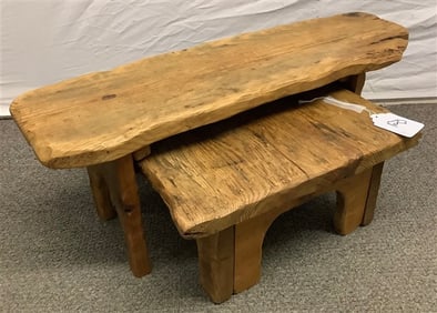 2 Small Wooden Primitive Stools longer one 27"