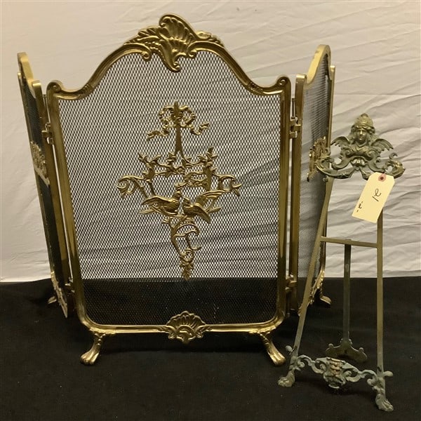 Fancy Brass Fire Screen and Brass Easel: Fancy Brass Fire Screen and Brass Easel, opens to 40" wide, 28" high