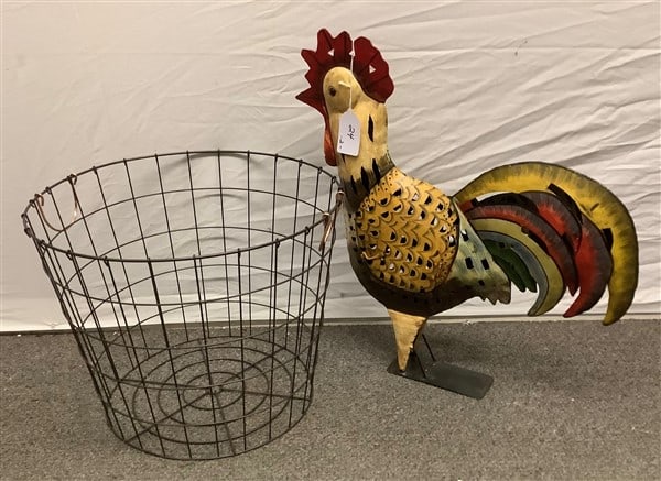 23" Tin Rooster and Wire Basket: 23" Tin Rooster and Wire Basket