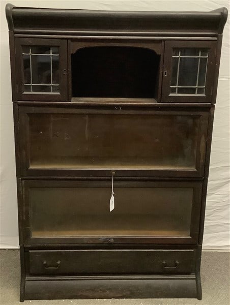 3 Stack Oak Barrister Bookcase leaded Glass, First Finish: 3 Stack Oak Barrister Bookcase leaded Glass, First Finish - 34w, 52 h and the top is 13 1/2" deep