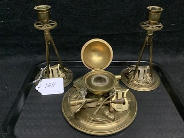 Brass Desk Set Candlesticks 9" tall