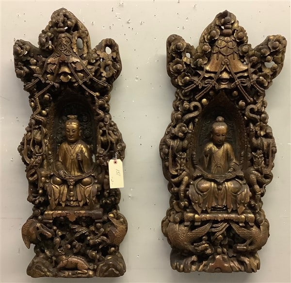Two 34" Wooden Oriental Carvings: Two 34" Wooden Oriental Carvings