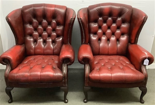Pr of Red Leather Tufted Wing Chairs: Pr of Red Leather Tufted Wing Chairs.....40" high, 33" wide and 30" deep