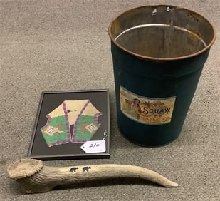 Child's Beaded Vest, Antler Cribbage Board, Bucket