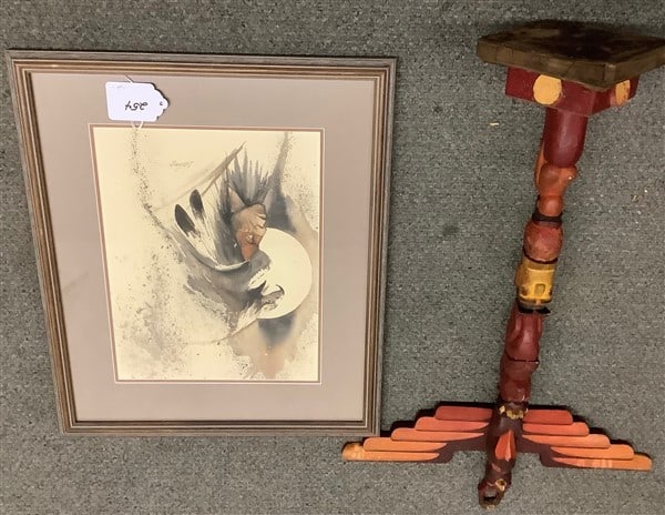 Carved 28" Totem and Native American Watercolor (1 of 3)