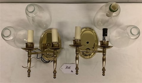 Pr Brass Sconces with Glass Shades