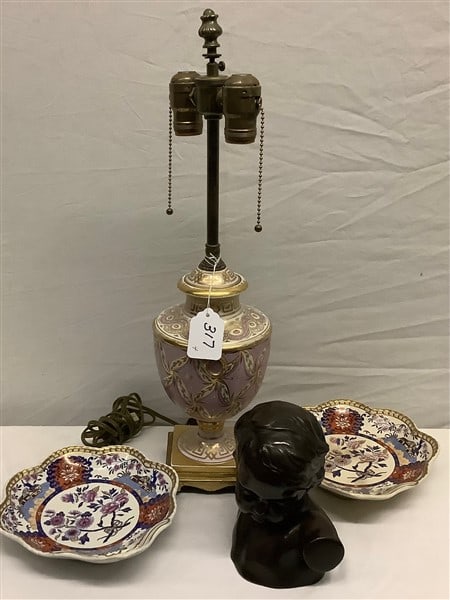 French Lamp, Spode Plates, Bronze Bust: French Lamp, Spode Plates, Bronze Bust....lamp is 20" tall