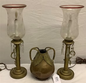 Pr 18" Lustre Lamps and Copper Pot