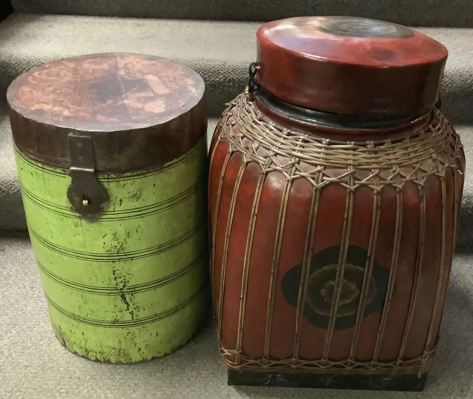 Apple Green Country Barrel and Oriental Storage Box: Apple Green Country Barrel and Oriental Storage Box....green barrel 19" tall