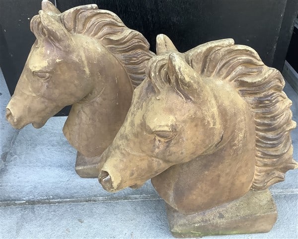 Pr of 17" Cast Stone Horse Heads 50lbs total: Pr of 17" Cast Stone Horse Heads 50lbs total