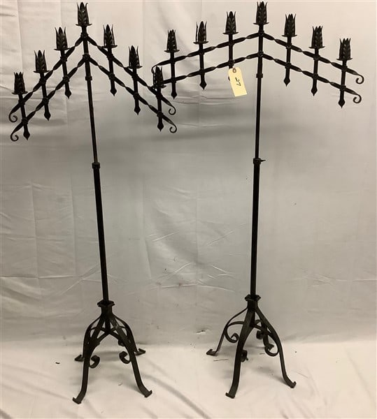 Pr. of 57" Seven Arm Iron Candelabras: Pr. of 57" Seven Arm Iron Candelabras