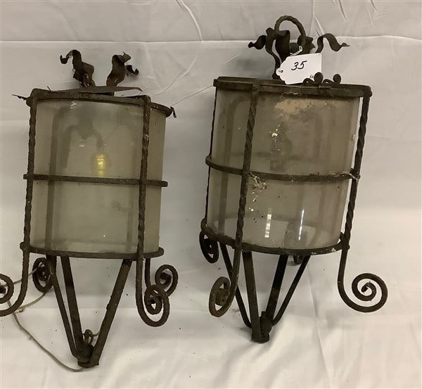 Pr of Antique 24" Iron Lanterns - 25 lbs.: Pr of Antique 24" Iron Lanterns - 25 lbs.