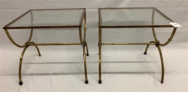 Pr. of Gilt Metal Faux Bamboo Glass Top Tables 18" squared x 17"h (1 of 2)