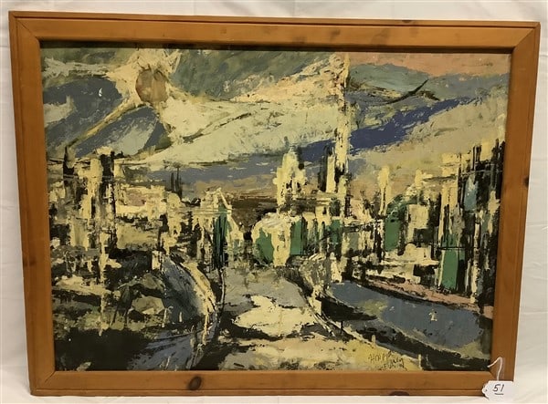 Framed Abstract on Masonite Cityscape in Heavy Palette - 34" x 44" (1 of 4)