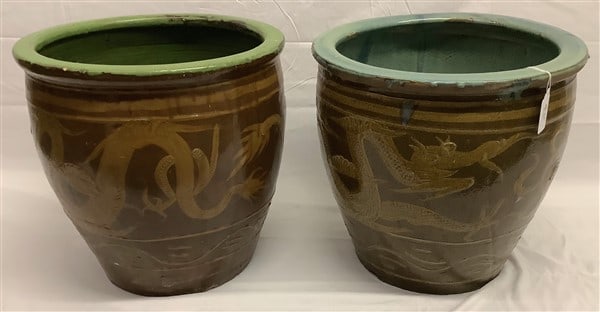 2 large Glazed Oriental Planters 19" diam x 19"h: 2 large Glazed Oriental Planters 19" diam x 19"h