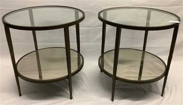 Pr of Bronze 2 Tier Tables Mirror Base 24" diam - Glass top 25"h (1 of 3)