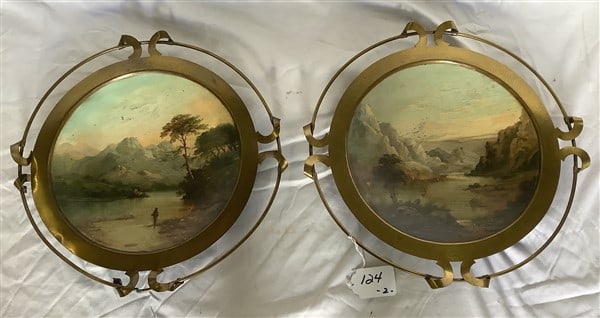 2 Exceptional 12" Hand Painted Plates on Tin H.P & Co: 2 Exceptional 12" Hand Painted Plates on Tin H.P & Co
