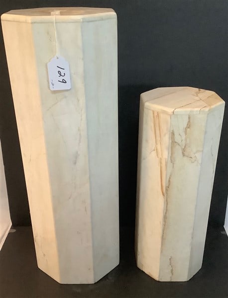 2 Octagonal Marble Pedestals 21" and 29": 2 Octagonal Marble Pedestals 21" and 29"