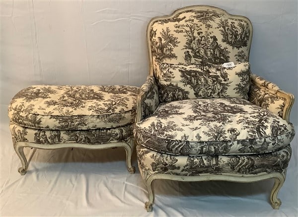 French Armchair and Ottoman in Toile: French Armchair and Ottoman in Toile