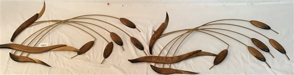 2 Mid-Cent. Brass and Wood Wall Sculpture: 2 Mid-Cent. Brass and Wood Wall Sculpture