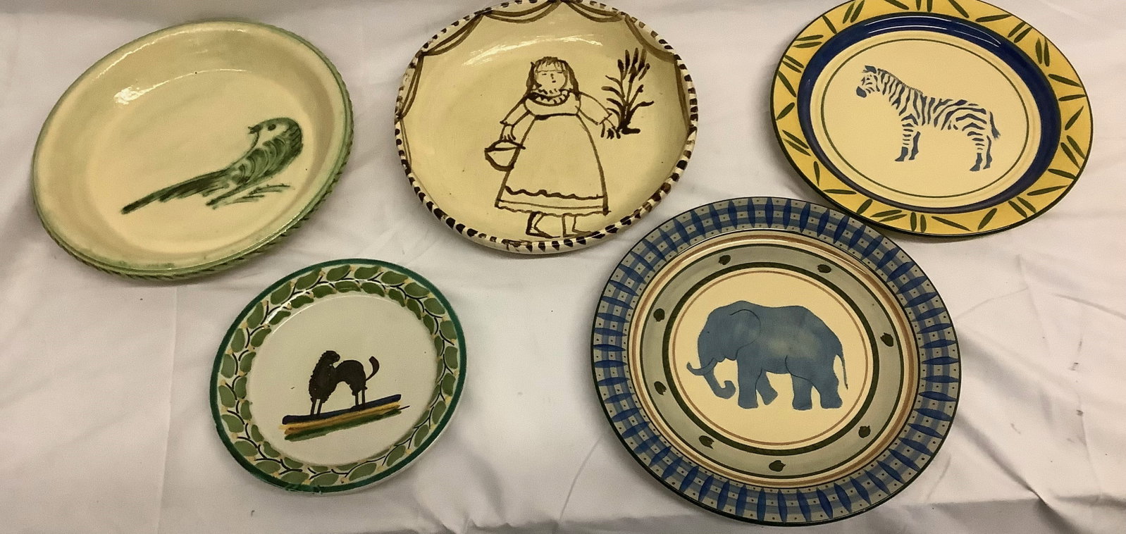 11 Hand Painted Artist Signed Ceramic Plates 1 Pitcher - largest 17.5" diam: 11 Hand Painted Artist Signed Ceramic Plates 1 Pitcher - largest 17.5" diam