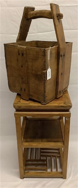 Antique Wooden Carrier and 26" Oriental Wooden Stand: Antique Wooden Carrier and 26" Oriental Wooden Stand