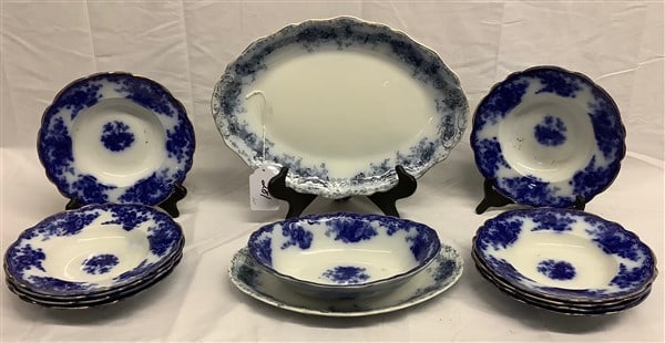 11 Antique Flo-Blue Bowls and 2 English Platters 7lbs: 11 Antique Flo-Blue Bowls and 2 English Platters 7lbs