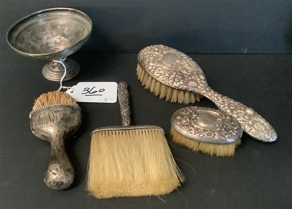 4 Sterling Handle Brushes and Small Weighted Dish: 4 Sterling Handle Brushes and Small Weighted Dish