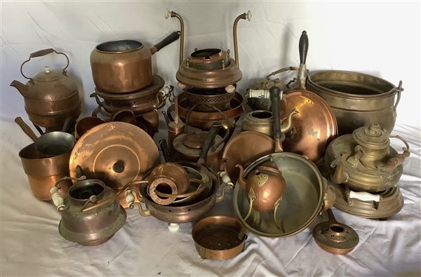 Big Lot of Copper and Brass Pots, Pans, and More: Big Lot of Copper and Brass Pots, Pans, and More