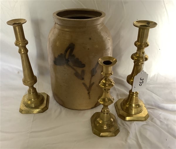 13" Paint Decorated Crock and 3 Brass Candlesticks (1 of 2)