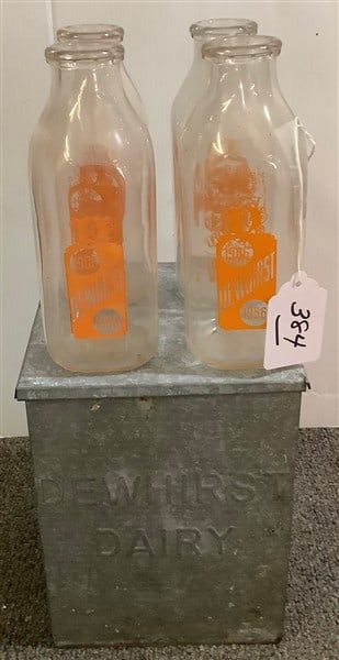 ca. 1956 Dewhurst Milk Bottles and Milk Box: ca. 1956 Dewhurst Milk Bottles and Milk Box