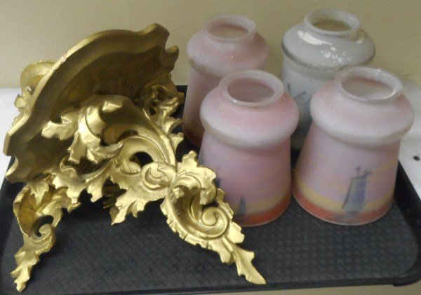 Tray 3 Carved Sconces and 4 Hand Painted Shades: Tray 3 Carved Sconces and 4 Hand Painted Shades