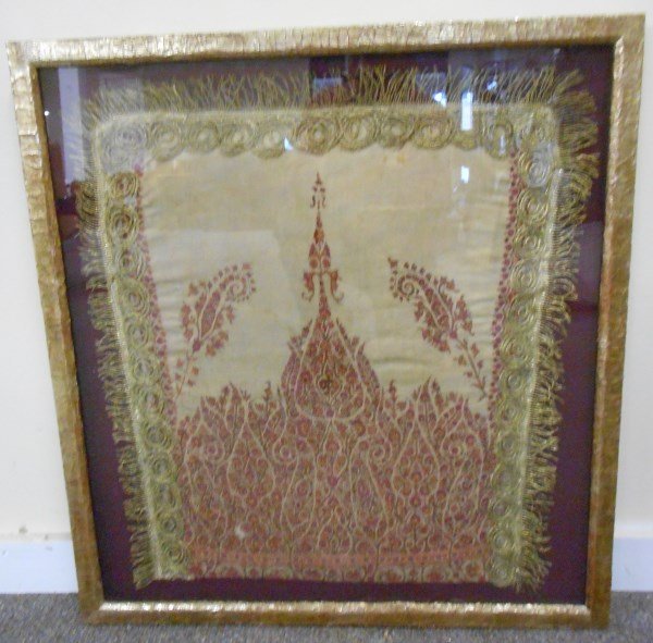 19th Cent Persian Framed Fabric with Metal Thread 24 x (1 of 2)