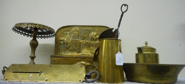 18th Cent Brass Wall Box, 19th cent. Brass Hanging: 18th Cent Brass Wall Box, 19th cent. Brass Hanging Scale, Brass Trivet, circa 1800 Brass Teapot, Brass Flagon