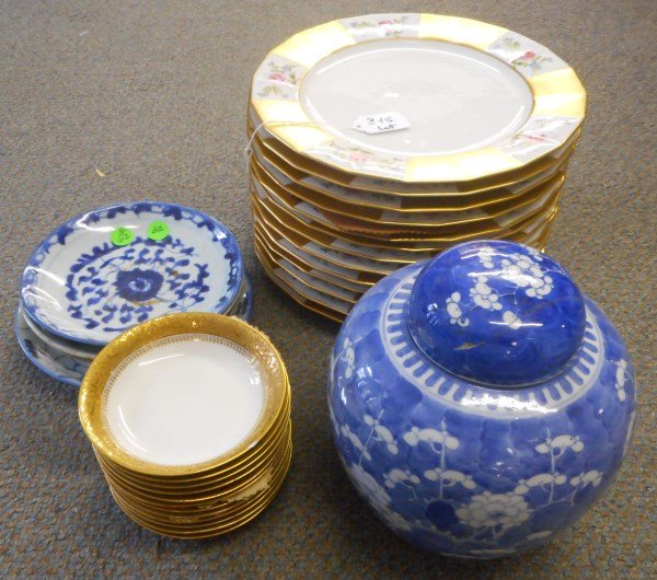 13 Limoges Dinner Plates, 12 Limoges Sauce Dishes, 4: 13 Limoges Dinner Plates, 12 Limoges Sauce Dishes, 4 Early Blue & White Canton Plates