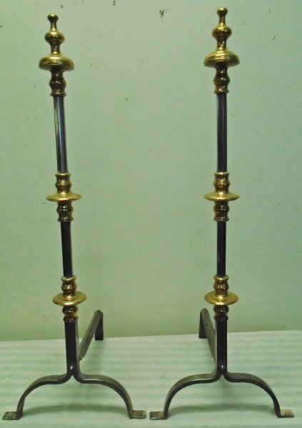 Exquisite Brass and Polished Steel Andirons: Exquisite Brass and Polished Steel Andirons
