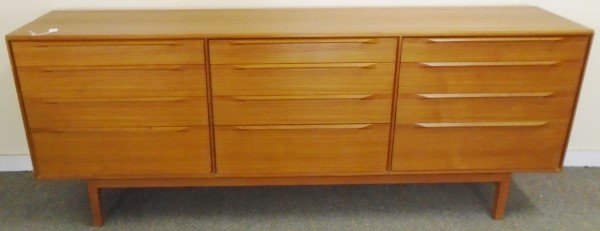 12 Drawer Danish Teak Credenza on Frame Signed: 12 Drawer Danish Teak Credenza on Frame Signed Fredicia- 81.25" L x 32"H x 18" D